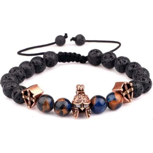New Unique Design Men Jewelry Bracelet Vintage Helmet Shield Charms Natural Stone Beads Macrame Bracelet Male