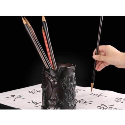 China Carving Wood Ink Painting Calligraphy Brush Pot Container