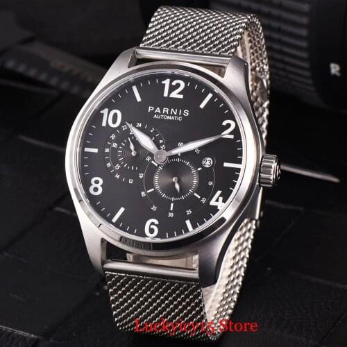 PARNIS Stainless Steel 44mm Automatic Men Wristwatch Sapphire Glass Date Window 24 Hours Hollow Dial Mental Strap
