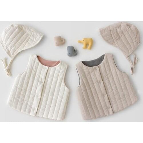 Autumn Winter Cute Baby Vest Warm Hat Waistcoat Infant Clothes Sets Boy Girl Baby Outdoor Coat Cardigan White Double Sided Vest