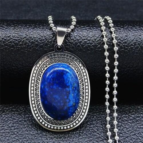 Stainless Steel Natural Stone Lapis Lazuli Big Long Bohemia Charm Necklaces for Women/Men Silver Color Jewelry bijoux NXS04