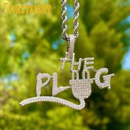 Wholesale Golo Silver Color The Plug Letter Pendant Necklace Iced Out Bling 5A CZ Micro Pave Finish Zircon Hip Hop Mens Jewelry