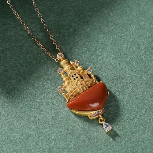 Silver Natural South Red Jasper Castle Pendant Necklace with unique ancient gold craft light luxury noble womens brand jewelry