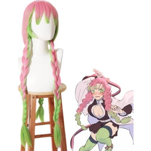 2020 Demon Slayer Kimetsu no Yaiba Kanroji Mitsuri Long Braids Wig Cosplay Costume Heat Resistant Synthetic Hair Women Pink Wigs