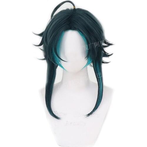 Game Genshin Impact Xiao Cosplay Wig Mixed Dark Green Blue Short Heat Resistant Synthetic Hair Adult Halloween Role Play Wigs