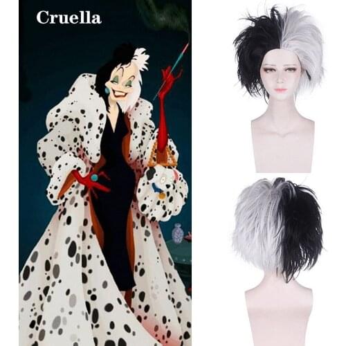 Anime Cruella De Vil Silver White Black Short Cosplay Wig Synthetic Hair Halloween Party Wigs Peruca