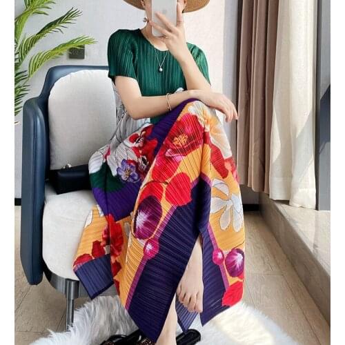 HOT SELLING Miyake The New print pleated dress short sleeve o-neck A-LINE dress IN STOCK