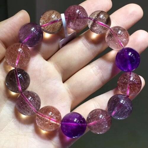 Genuine Natural Super Seven 7 Purple Rutilated Quartz Rare Women Man Round Beads Stretch Bracelet 16.5mm AAAAA Certificate