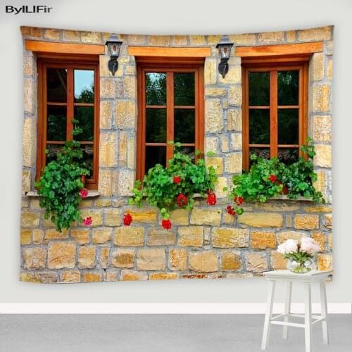 Retro Window Plant Flower Print Tapestry Pastoral Mural Home Decor Wall Hanging Bedroom Dormitory Bedside Background Tapestries