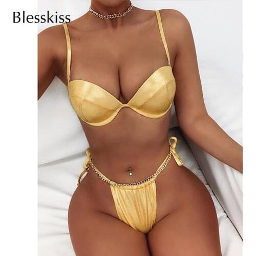 Sexy Brazilian Thong Bikini With Push Up Bra Swimsuit 2021 Shiny Glitter Beach Swimming Bathing Suit For Ladies Swimwear Gold