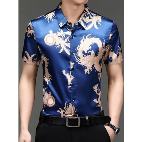 Summer Mens Silk Shirt Vintage Printing Satin Streetwear Male Dragon Pattern Printed Silk Clothes Short Sleeve Dress Shirts