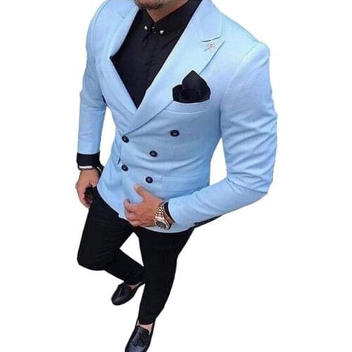 Boby Blue With Pants Mens Suit Double-Breasted 2-Piece Suit Notch Lapel Blazer Jacket Tux & Trousers For Weeding ， Party