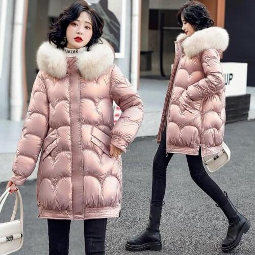 Thicken Hooded Parkas Womens Winter Glossy Down Jacket 2021 New Loose Cotton Padded Fur collar Coat Student Rainproof Outwear