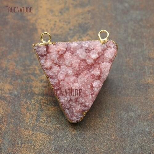 Top Pink Inverted Triangle Shape Druzy Crystal Drusy Stone Findings Gold Finish Double Bail Pendant Approx 36*32 mm PM11334