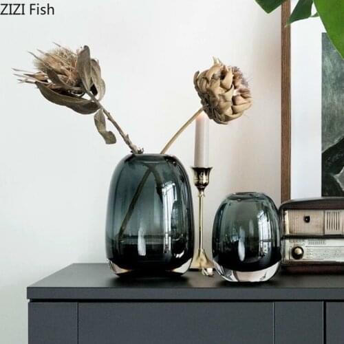Vintage European Gray Glass Vase Living Room Porch Flower Arrangement Hydroponic Geometric Vase Home Decoration Furnishings Gift