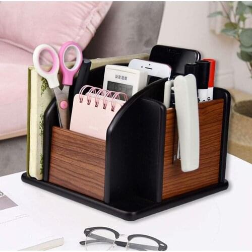 Rotatable Wood Pen Pencil Holder Large Capacity Storage Remote Controls Holder Wooden Revolving Office Supplies Desk Organizer