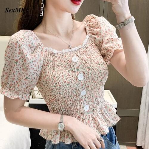 Women Lace Patchwork Vintage Summer Blouses 2021 Fashion Floral Print Off Shoulder Crop Top Sexy Button Slim Corset Top Blouse