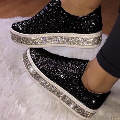 2020 Womens Glitter Sneakers Woman Flat Shoes Spring Casual Ladies Vulcanized Female Flat Platform Lace Up Fashion Shoes