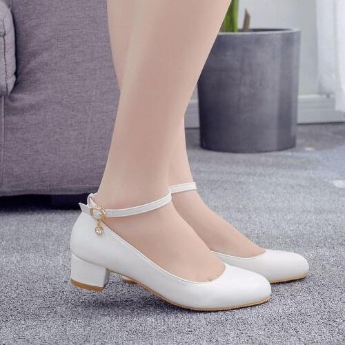 Womens Fashion Pumps Sweet Thick Med Heels Ankle Strap Female Platform Mary Jane Shoes Ladies Footwear