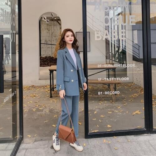 Fashion Women Blazer Suits Long Sleeve Double- breasted Blazer Pants Suit Office Ladies Two-piece Blazer Sets 2021