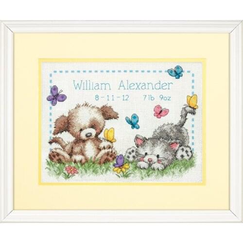 Gold Collection Counted Cross Stitch Kit Pet Friends Birth Record Doggy and Kitten Dog Cat Kitty dim 70-73883