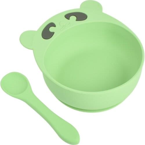 2 Pcs Cartoon Bear Baby Training Feeding Food Bowl Spoon Set Anti Slip Silicone Suction Dinner Plate Dish Scoops Utensil for
