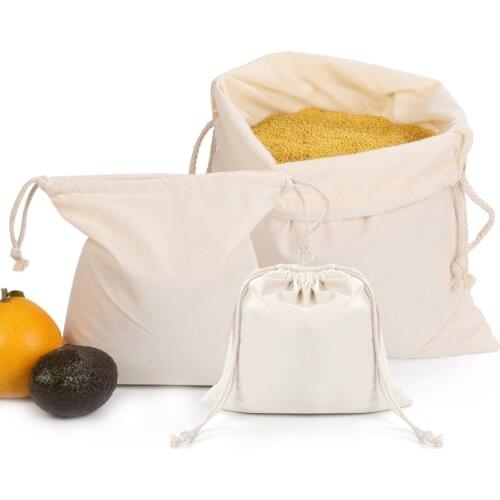 3 Sizes Pure Cotton Produce Bags Eco-friendly Reusable Fruit Vegetables Storage Bag Home Kitchen Drawstring Shopping Bag