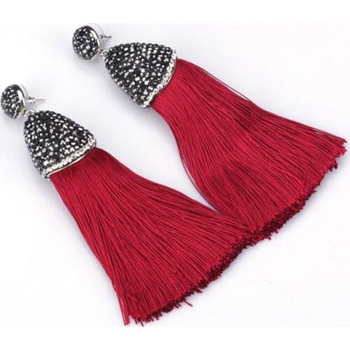 Boho Maroon Cayenne Red Chunky Silk Thick Tassel with Blak Rhinestone Cap Charm Studs Top Long Dangle Tassel Earrings For Women