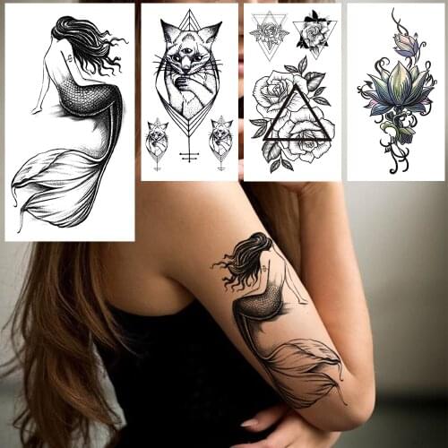 Black Mermaid Fake Temporary Tattoo For Woemn Girls Triangle Rose Flower Tattoos Geometric Cat Hands Arm Lotus Waterproof Tatoos
