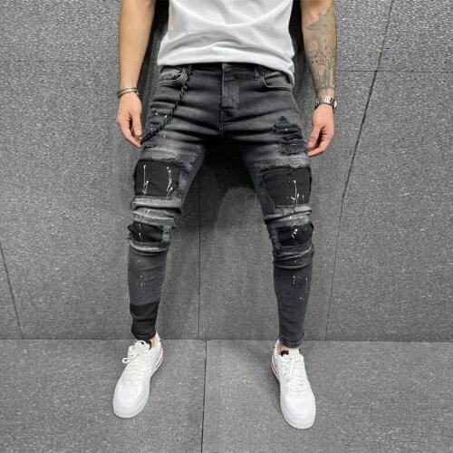 Jeans Men Ripped Skinny Zipper Jeans Black Patchwork Biker Pencil Pants Street Man slim fit Denim Pants Hip Hop Draped trousers