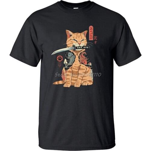 Japanese Style Cat Anime Samurai Sword Cotton T Shirt Summer Cool Ptinted T Shirts Street Funny Short Sleeve Top Men Rock Tshirt