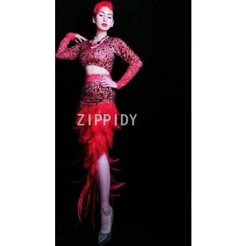 Fashion Red Rhinestones T-shirt Feather Long Skirt Birthday Celebrate Clothes set Prom Party Bar Women Dancer Outfit Set