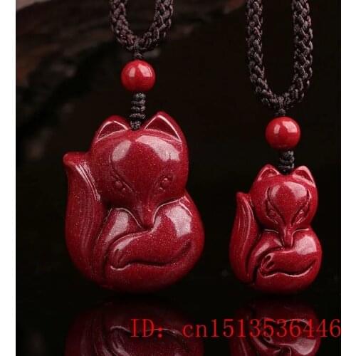 Fashion Cinnabar Jade Fox Pendant Necklace Jewellery Chinese Hand-Carved Healing Women Man Luck Gift Sweater Chain