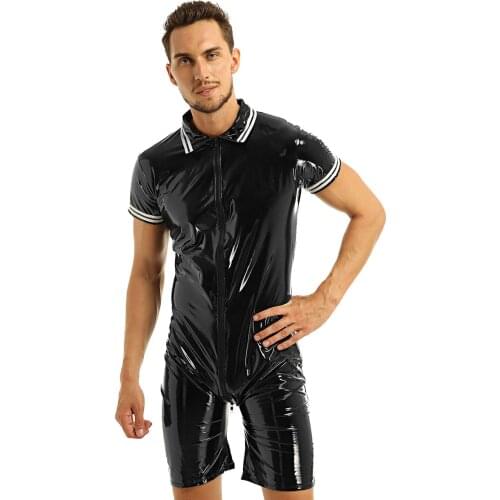 Mens Lingerie Latex Bodysuit Wet Look Patent Leather Short Sleeve Front Zipper Boxer Briefs Leotard Bodysuit Underwear Nightwear