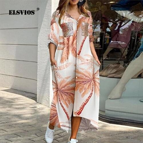 New Summer Elegant Turn-down Collar Maxi Party Dresses Women Buttons Long Sleeve Dress 2021 Spring Casual Printed Dress Vestidos