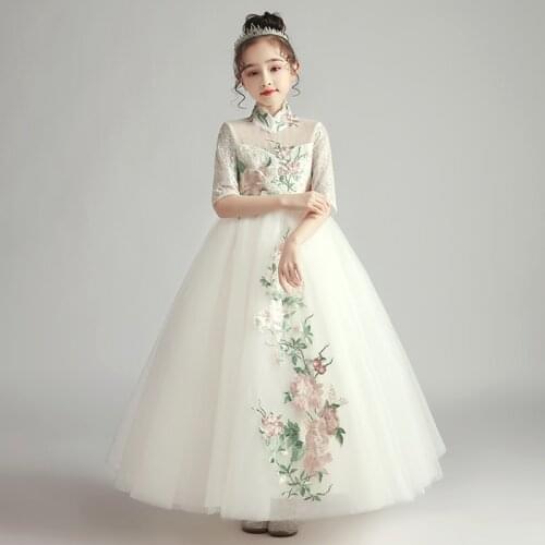 Flower Girl Dress Illusion Embroidery High Half Elegant Princess Floor-Length Tulle Lace Luxury White Cute Kids Party Gown H388