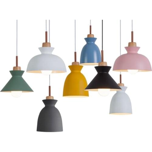 Nordic Macaron color pendant lights, E27 wood aluminium pendant lamps, household restaurant decorative home lighting