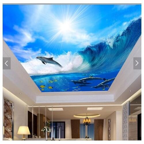 Custom 3d photo wallpaper 3d ceiling wallpaper murals waves of sea dolphins and blue sky white clouds frescoes 3d room wallpaper