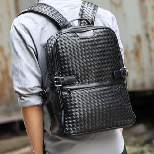 Luxury Woven Leather Backpack Men Fashion Design Travel Backpack Mens Laptop Bag High Capacity Backpacks Male PU School Bags