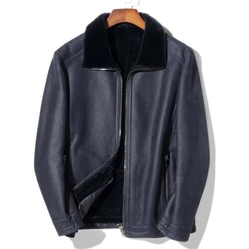 High Quality Shearling Mens Leather and Fur In One Coat Navy Blue Mens Genuine Leather Jacket Winter Sheepskin Outwear