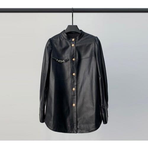 Spring New Leather Leather Jacket Women Mid-length Leather Jacket Shirt Sheep Casual Puff Sleeve Jacket Sheepskin Collar