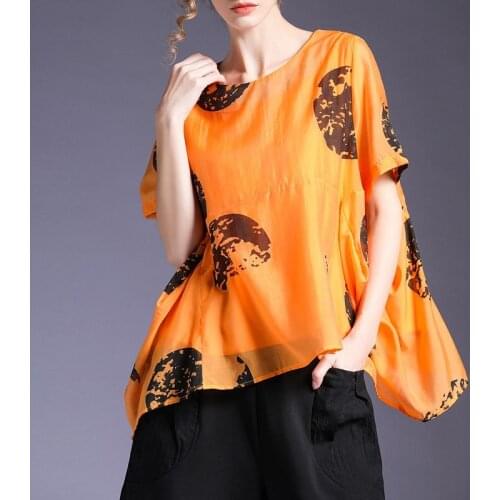 Summer Oversize Loose Chiffon T-shirt Women Vintage Print Short Sleeve Round Neck Casual Irregular A-Line Top Female Clothes