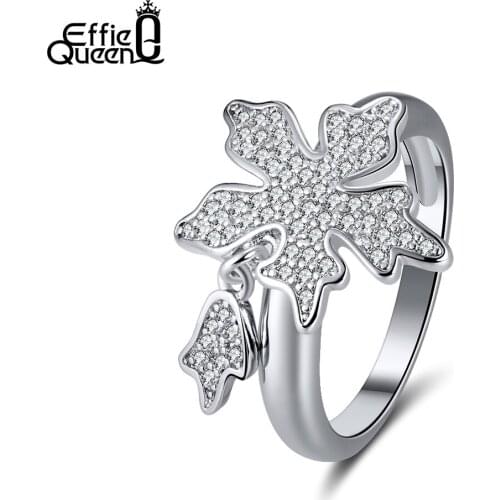 Effie Queen Romantic Silver Color Rings For Women Maple Leaf With Dangle AAA CZ Wedding Finger Ring Jewelry Bague Femme DR182