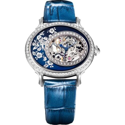 Original Seagull 739.758L Classic Elegant Rhinestones Flower Blue Dial Women Mechanical wristwatch hollow