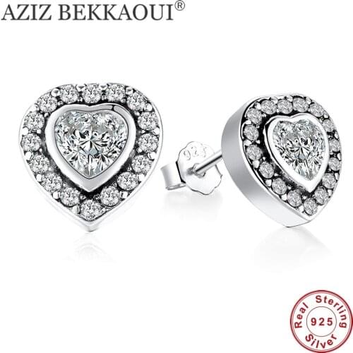 AZIZ BEKKAOUI 100% 925 Sterling Silver Stud Earrings for Women S925 Stamped Lovely Heart Shape Earring for Girl Valentine Gift