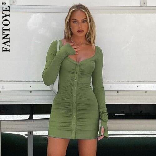 Fantoye Sexy V-neck Button Women Dress Green Long Sleeve Ruched Mini Dress Ladies Autumn Skinny Streetwear Female Shirt Vestidos