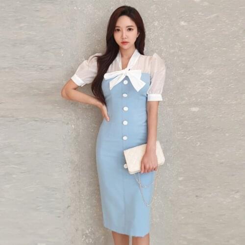 New arrival fashion party patchwork sexy cute dress women elegant summer temperament office lady bow slim pencil dress