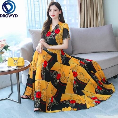 Summer V-neck Bodycon Party Vestidos 2021 Casual Chiffon Beach Vacation Boho Long Sundress Vintage Chic Print Women Maxi Dress