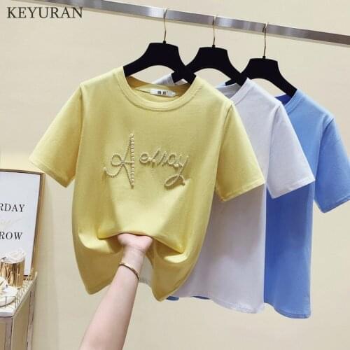 2021 Summer T Shirts Women Round Neck Letter Pearl Beading Loose Short-Sleeved T-shirt Plus Size Casual Tee Tops Female