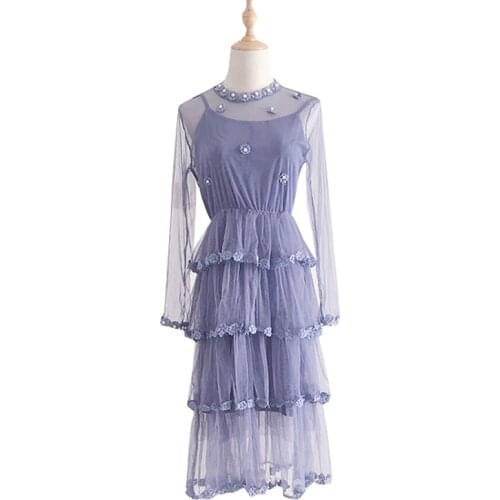 PERHAPS U Blue Mesh Ball Gown Long Sleeve Stand Collar Vintage Retro Midi Puff Sleeve Elegant Dress Cascading Ruffle D0717